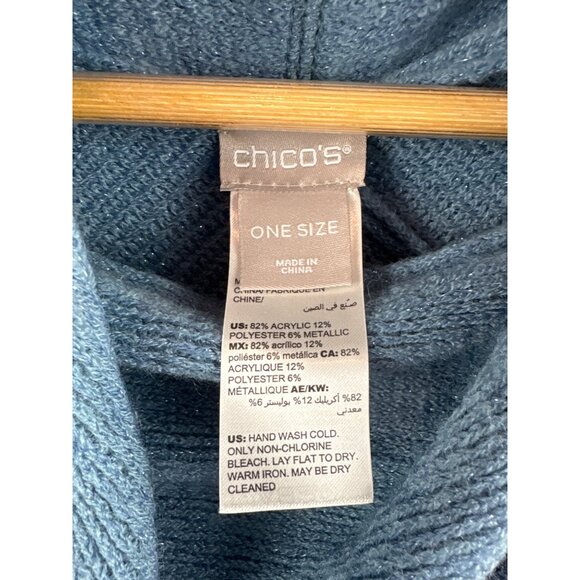 Chicos Blue Knit Poncho With Fringe Hem & Cowl Neck One Size - Picture 3 of 4